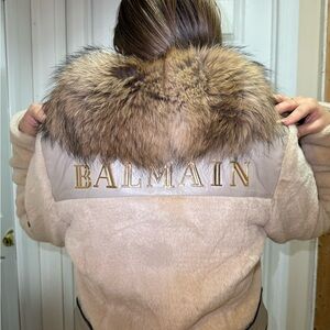 Balmain Beige Teddy Jacket with Fur Collar